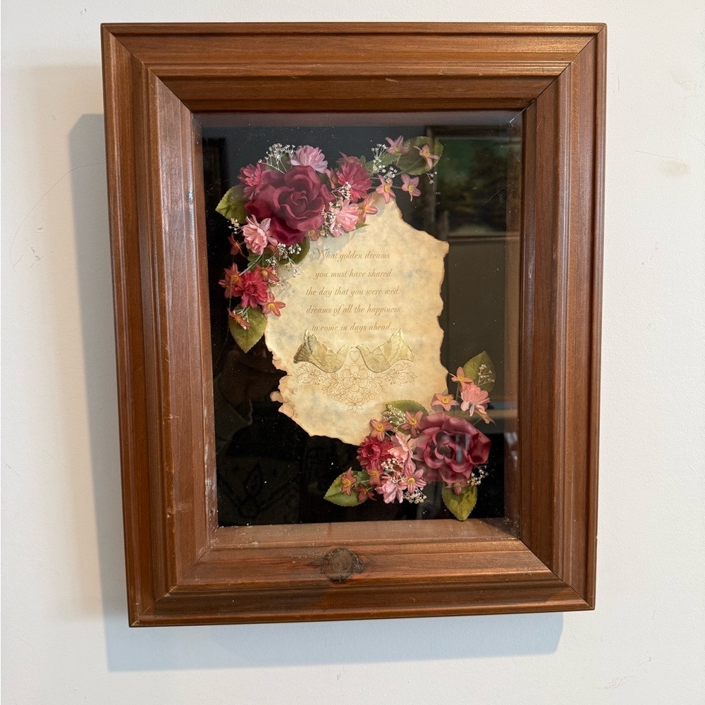 Vintage Wedding Shadow Box – Floral Art with Doves and Poetry – 15.5x13x2"